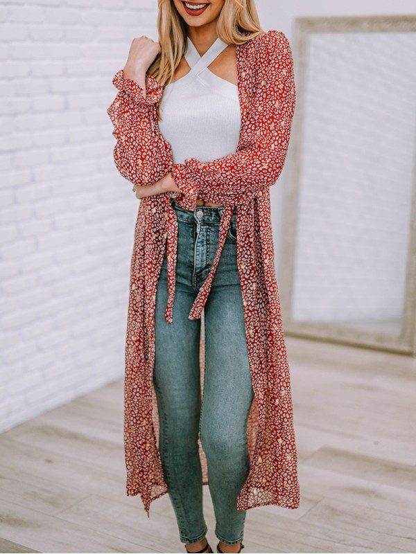 Leopard Tie Waist Flounce Sleeve Cover Up