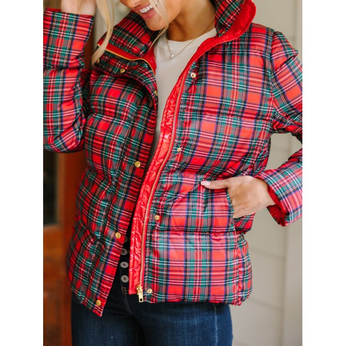Red Tartan Plaid Puffer Jacket