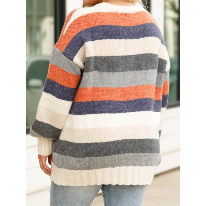 Multi color patchwork striped loose knit sweater