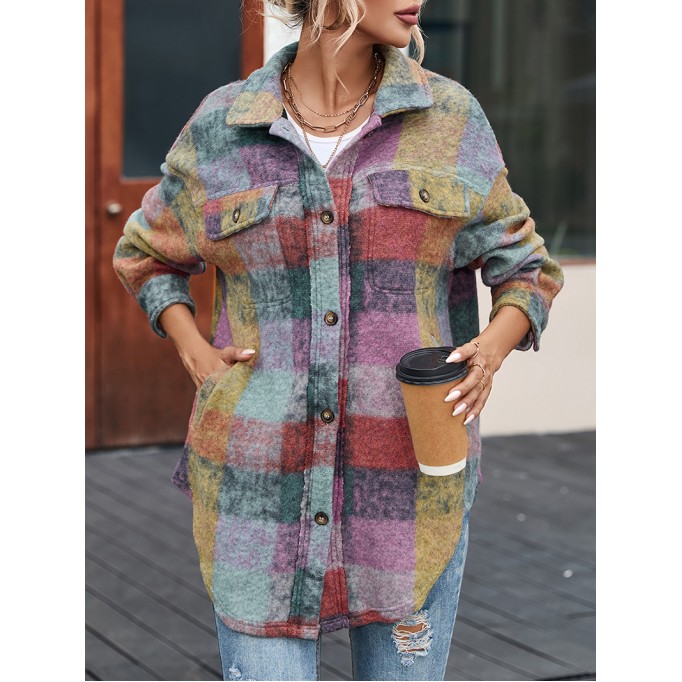 Multicolor Brushed Plaid Pocketed Oversize Shacket