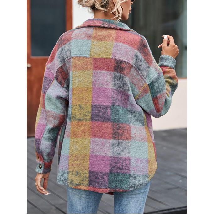 Multicolor Brushed Plaid Pocketed Oversize Shacket