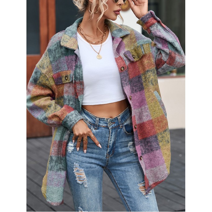 Multicolor Brushed Plaid Pocketed Oversize Shacket
