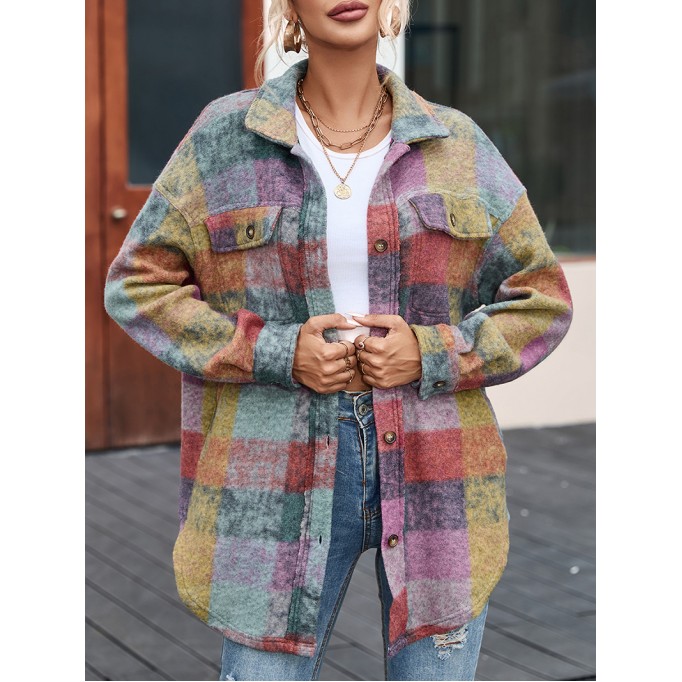 Multicolor Brushed Plaid Pocketed Oversize Shacket