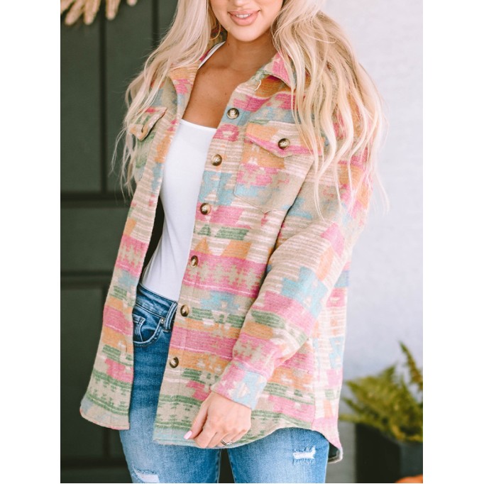 Multicolor Western Aztec Print Button Flap Pocket Shacket