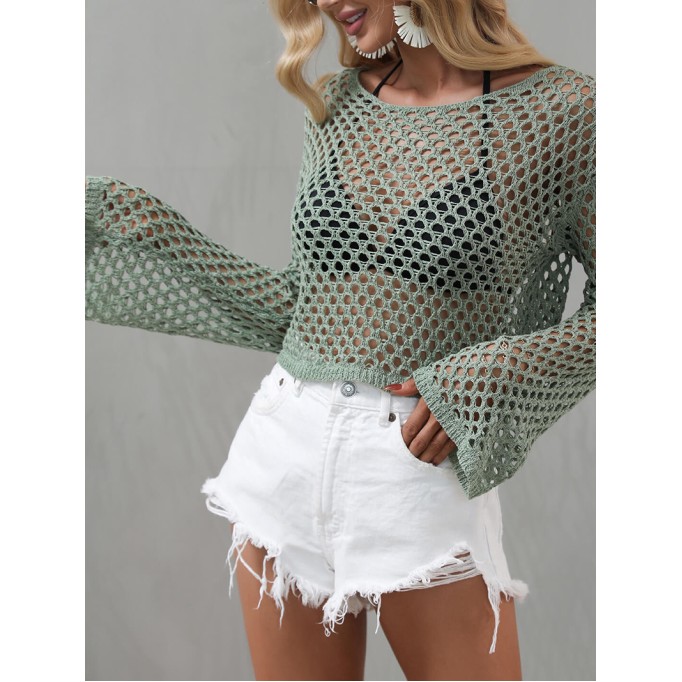 Openwork Flare Sleeve Cropped Cover Up