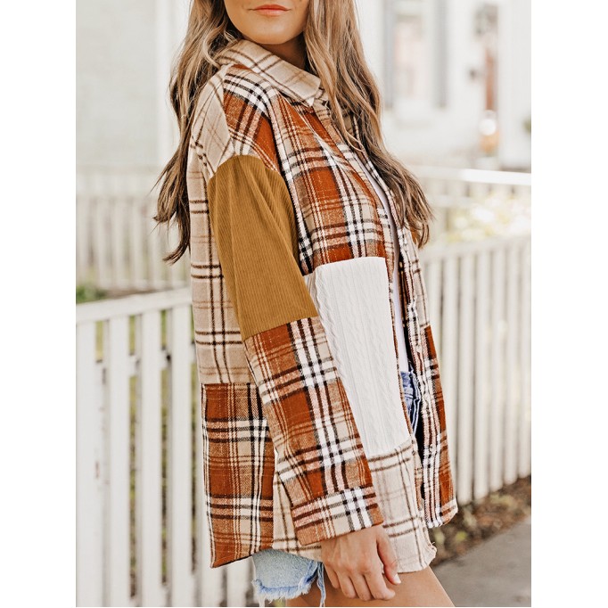 Orange Plaid Color Block Patchwork Shirt Jacket with Pocket