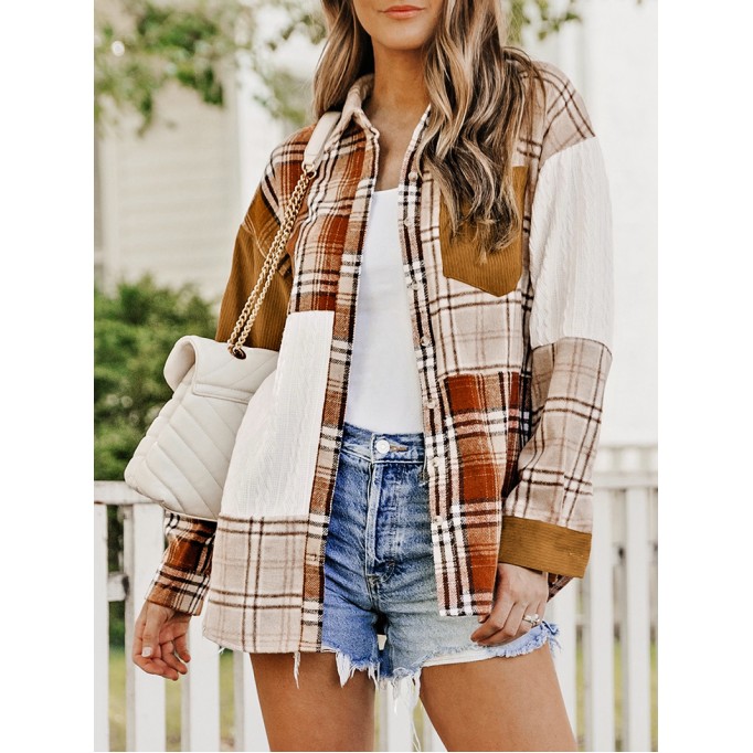 Orange Plaid Color Block Patchwork Shirt Jacket with Pocket