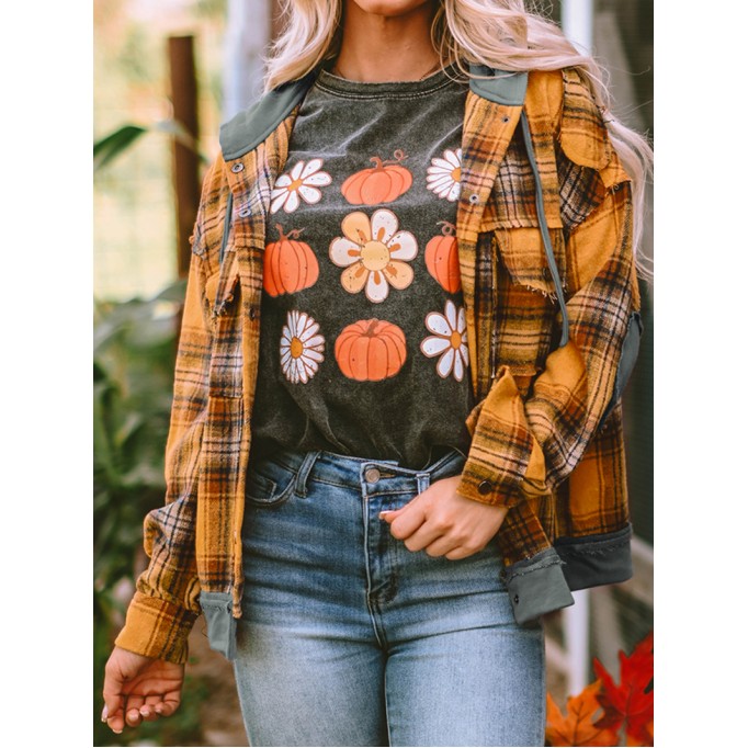 Orange Plaid Patch Hooded Frayed Snap Button Jacket