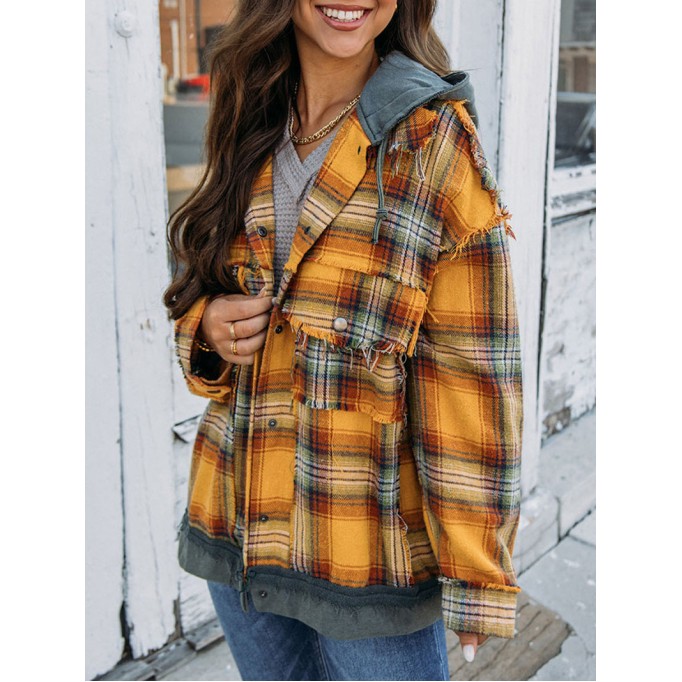 Orange Plaid Patch Hooded Frayed Snap Button Jacket