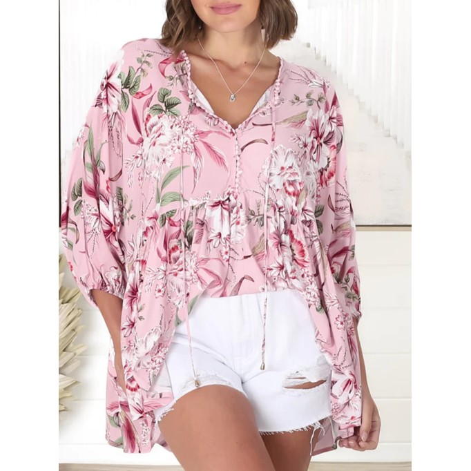 Pink Bohemian V-neck printed shirt