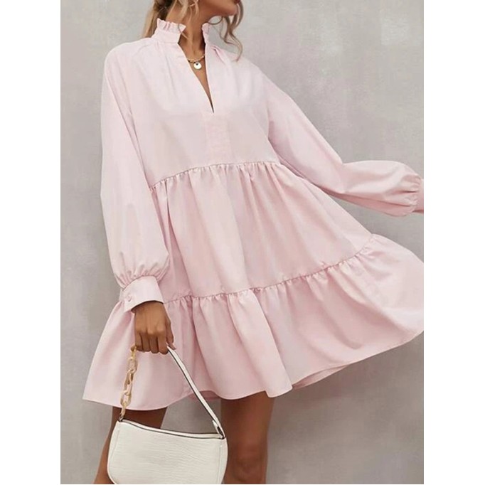 Pink Frilled Stand Collar Long Sleeve Ruffle Dress