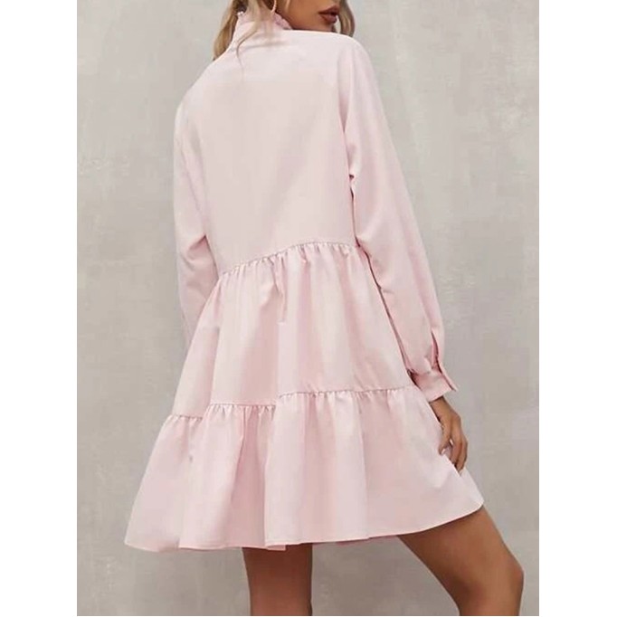 Pink Frilled Stand Collar Long Sleeve Ruffle Dress