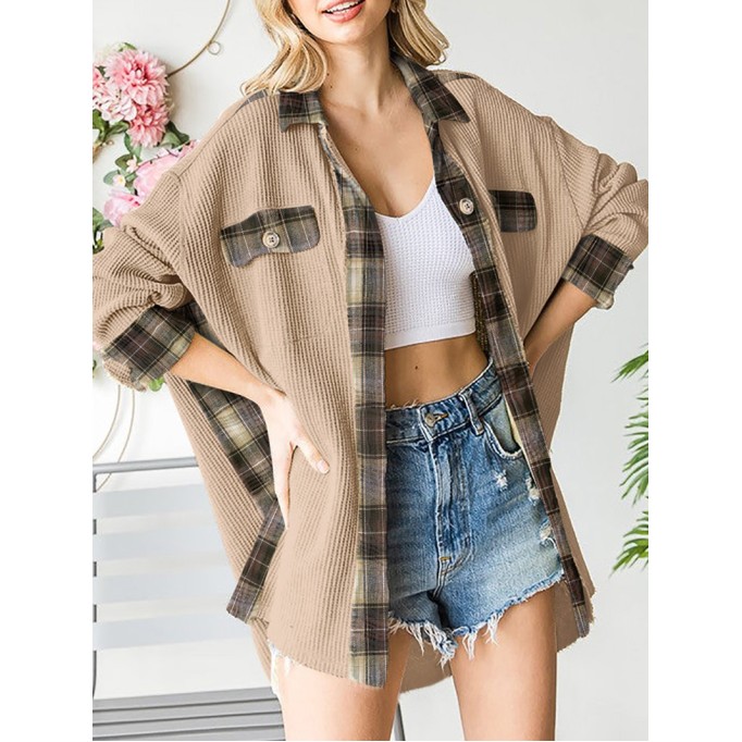 Plaid Patchwork Waffle Thermal Knit Shacket