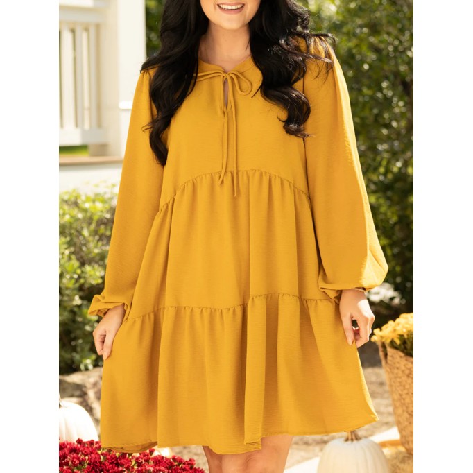 Pleated lace up lantern sleeve loose fitting dress