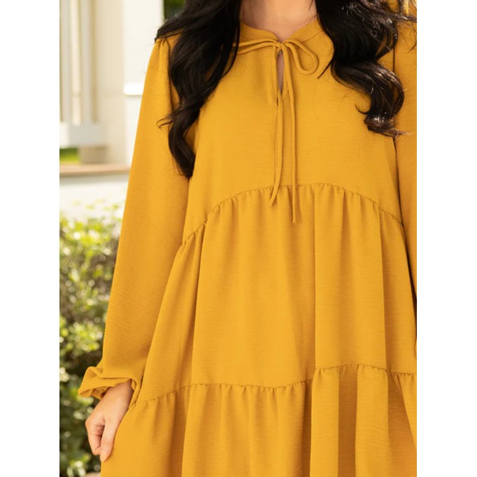Pleated lace up lantern sleeve loose fitting dress