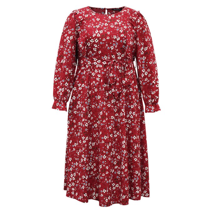 Red elegant advanced floral waist MIDI dress