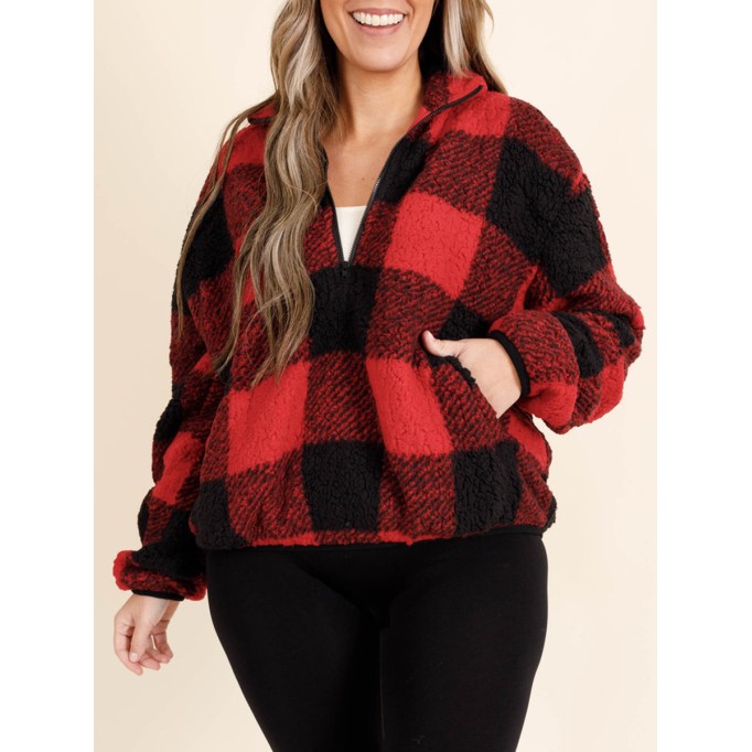 Red plaid zippered pocket hoodie