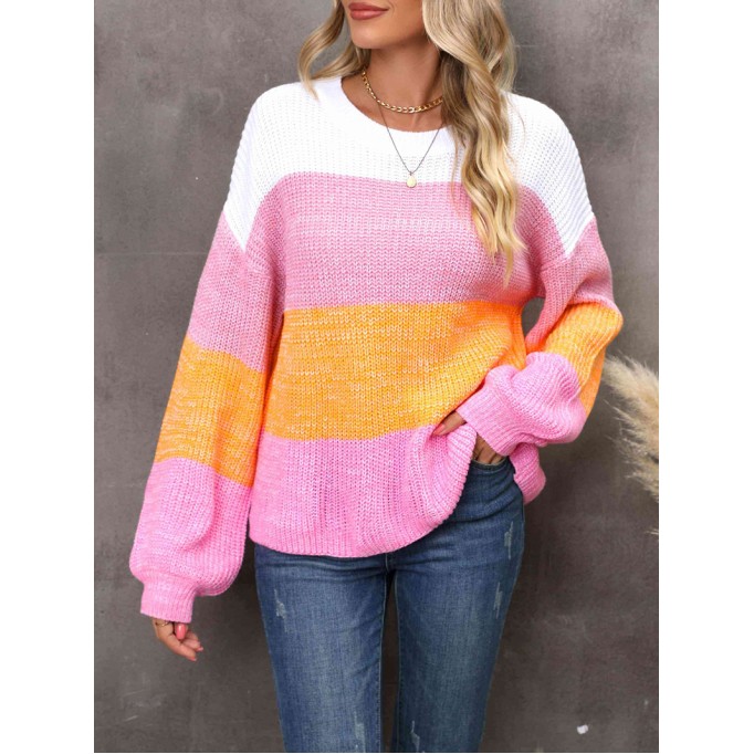 Ribbed Color Block Long Sleeve Sweater