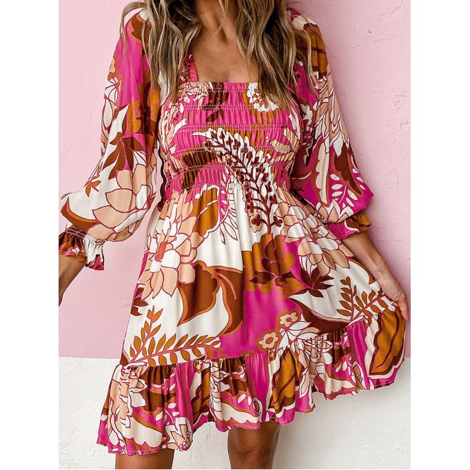 Rose Floral Print Smocked Square Neck Bubble Sleeve Dress