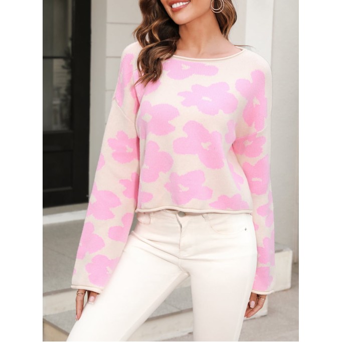 Round Neck Flower Pattern Dropped Shoulder Pullover Sweater