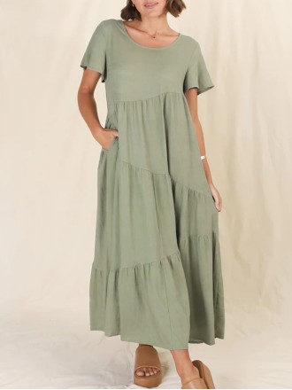 Round neck pullover cotton linen loose dress long skirt