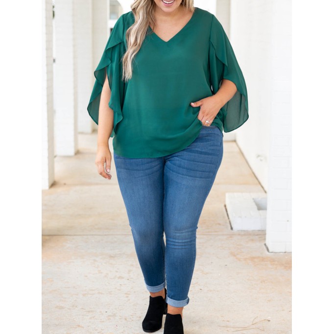 RUFFLE CROSS SLEEVE V-NECK Short Sleeve Shirt