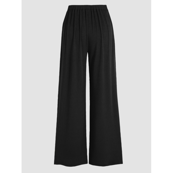 Solid Elastic Waist Wide Leg Pants