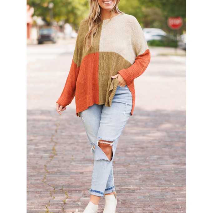 Spliced contrast loose knit sweater