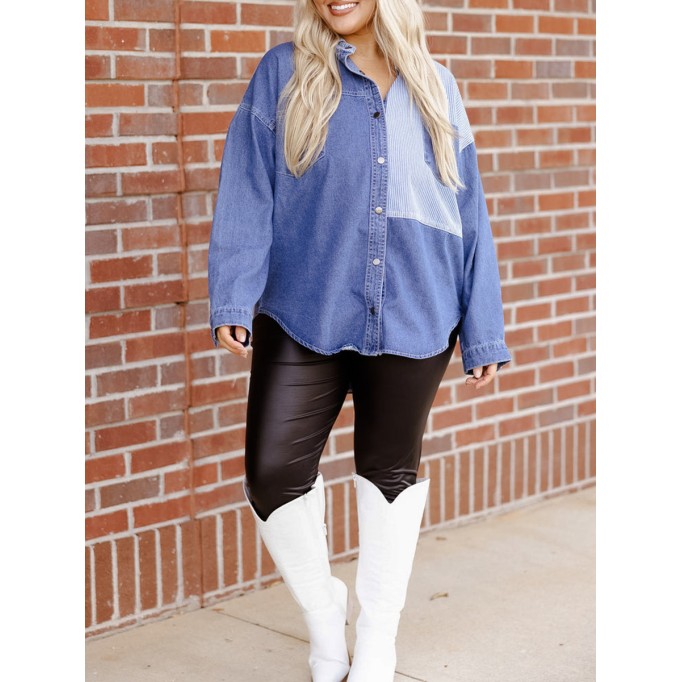 Spliced striped fabric pocket denim shirt