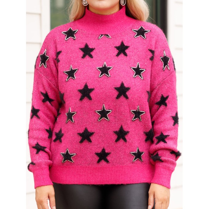 Star patterned rose red loose knit sweater
