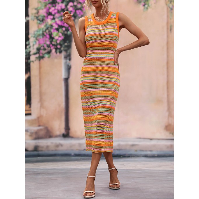 Striped Round Neck Sleeveless Midi Cover Up Dress