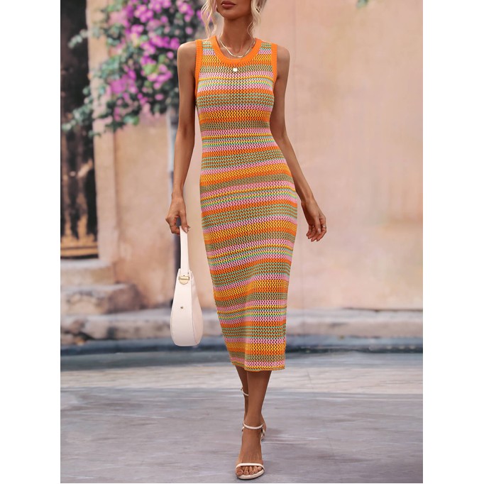 Striped Round Neck Sleeveless Midi Cover Up Dress