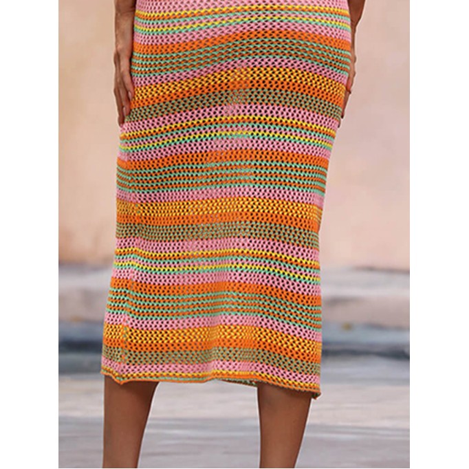 Striped Round Neck Sleeveless Midi Cover Up Dress