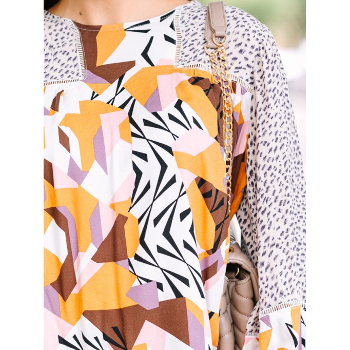 Taupe mixed print long-sleeve shirt