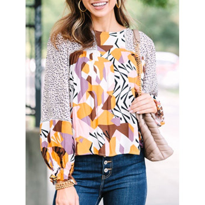 Taupe mixed print long-sleeve shirt