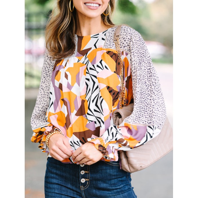 Taupe mixed print long-sleeve shirt