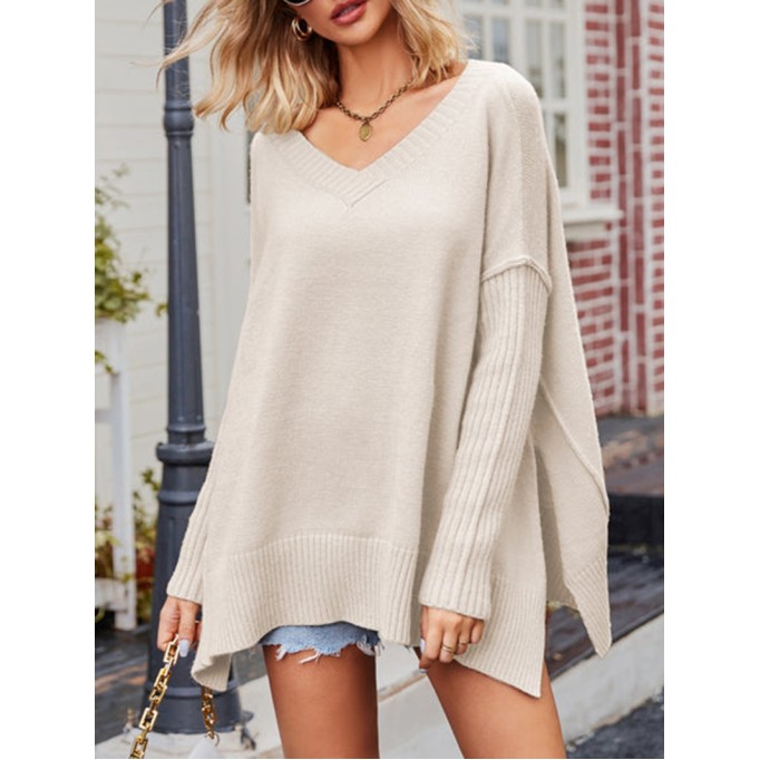 V-Neck Dropped Shoulder Ribbed Long Sleeve Sweater