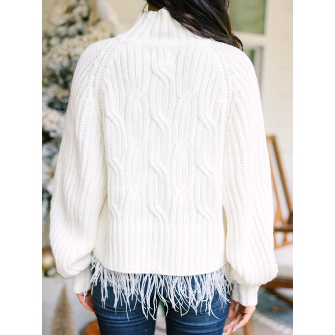Cream White Feather Trim Sweater