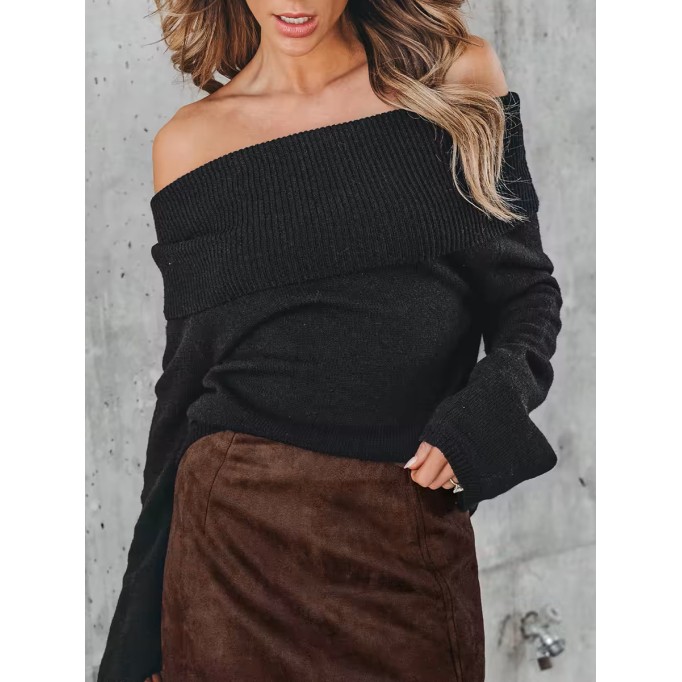 Women's black folded off-shoulder sweater