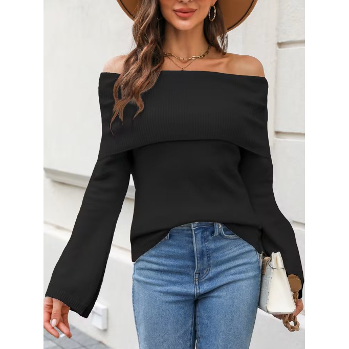 Women's black folded off-shoulder sweater