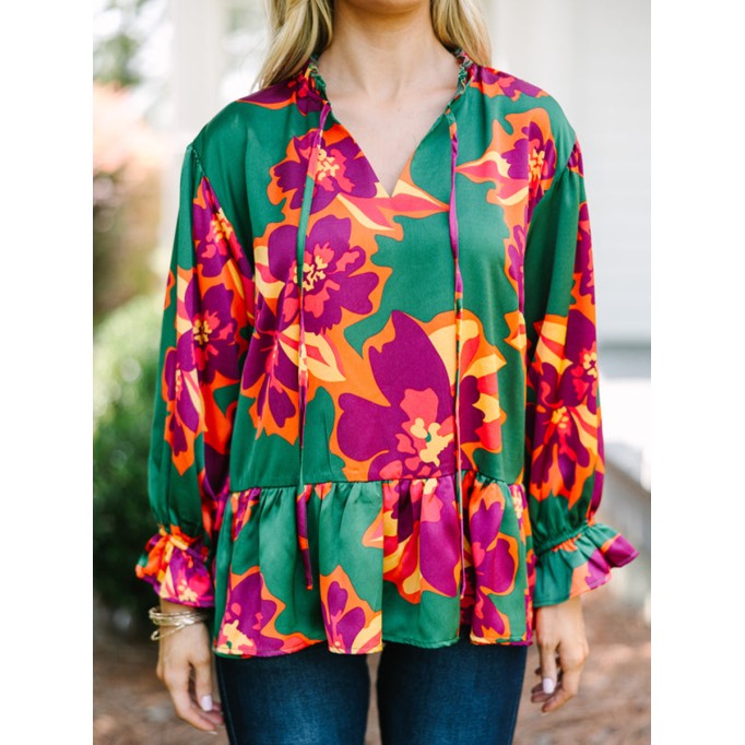 Women's Casual Green Floral Shirt