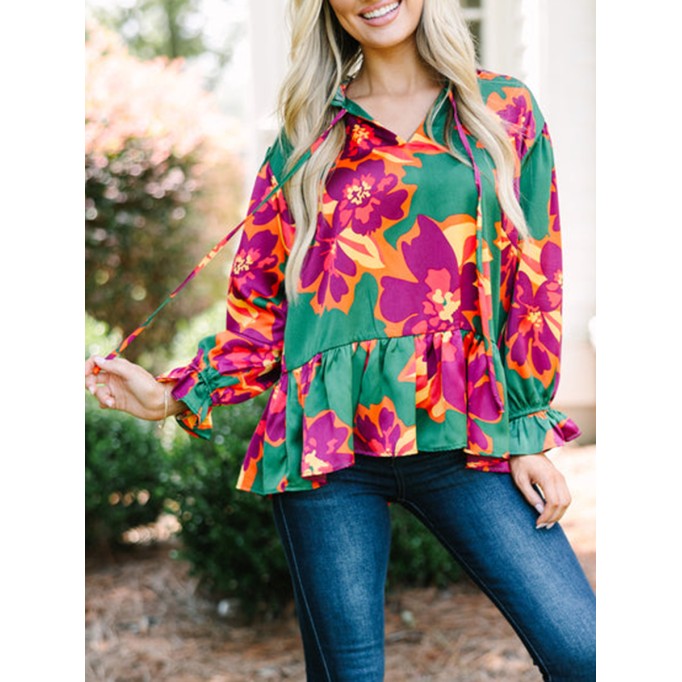Women's Casual Green Floral Shirt