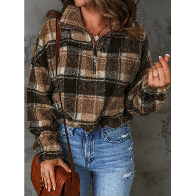 Women's casual plaid sherpa sweatshirt