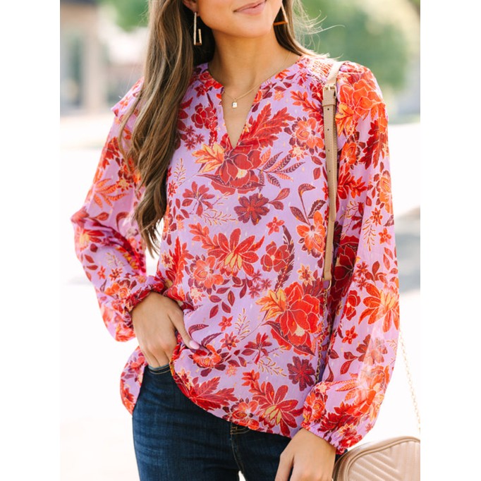 Women's long sleeve floral V-neck shirt