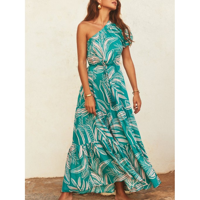 Women's one-shoulder asymmetrical printed holiday dress