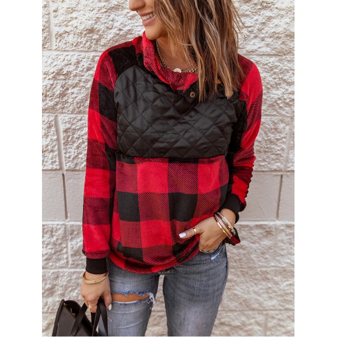 Women's plaid patchwork long sleeve sweatshirt