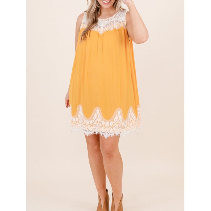 Yellow patchwork lace fabric dress